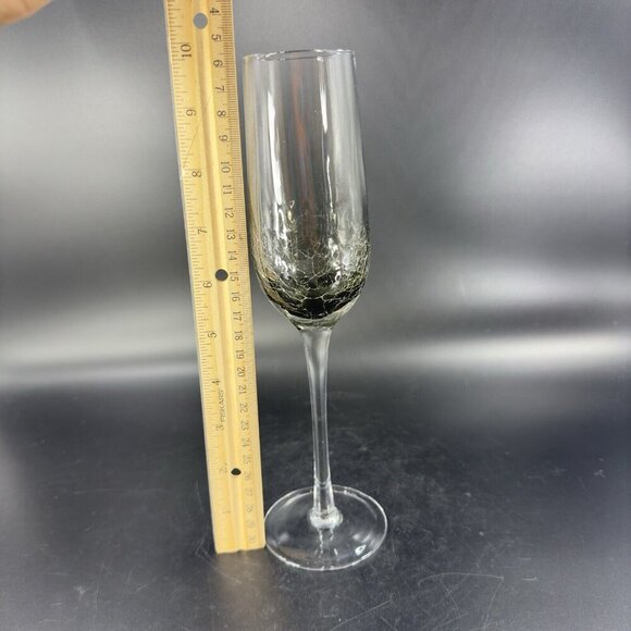 Pier 1 Smokey Black Crackle Glass Flute Drinking Glasses Set 2 Clear Bottom - Picture 3 of 13